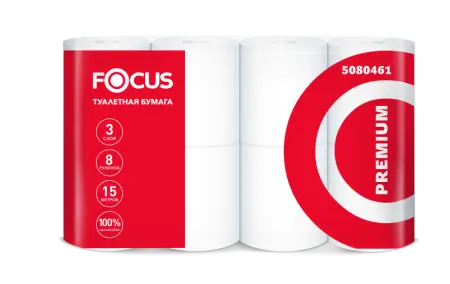 Фото №1 - Бумага туалетная: 3сл 15м целлюлоза цвет белый ХАЯТ ФОКУС Премиум /пач.=8 шт.