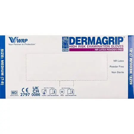 Фото №2 - Перчатки: латексные Dermagrip High Risk М неопудренные нестерильные синие /пач.=50 шт.
