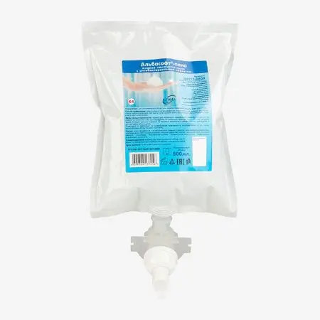 Фото №1 - Кеман: Мыло жидкое АЛЬБАСОФТ-пена 800 мл с антибакт.эффектом в картридже синее К4