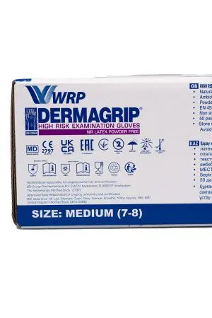 Перчатки: латексные Dermagrip High Risk М неопудренные нестерильные синие /пач.=50 шт.