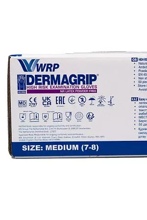Фото №9 - Перчатки: латексные Dermagrip High Risk М неопудренные нестерильные синие /пач.=50 шт.
