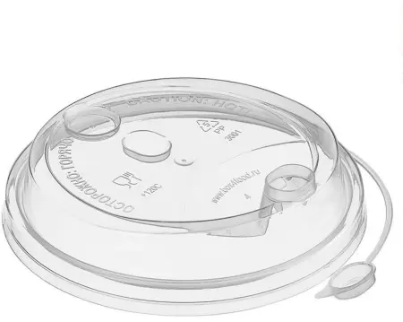 Фото №1 - Одноразовая продукция: Крышка к стакану бумажному d=90мм с питейником (заглушка) ПП прозрачная /пач.=50 шт.