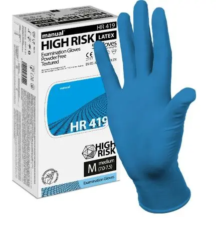 Перчатки: латексные MANUAL HIGH RISK L неопудренные нестерильные голубые HR419 /пач.=50 шт.