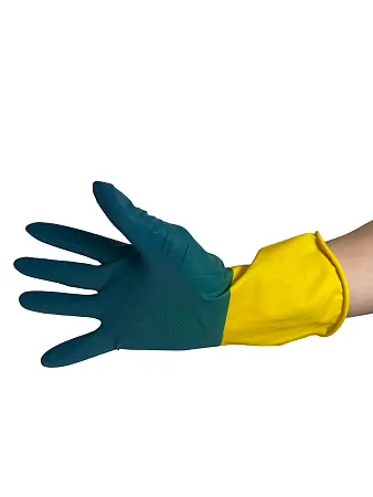 Фото №2 - Перчатки: резиновые латексные BiColor L с хлопковым напылением сине-желтые