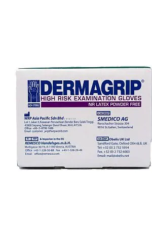 Фото №14 - Перчатки: латексные Dermagrip High Risk L неопудренные нестерильные синие /пач.=50 шт.