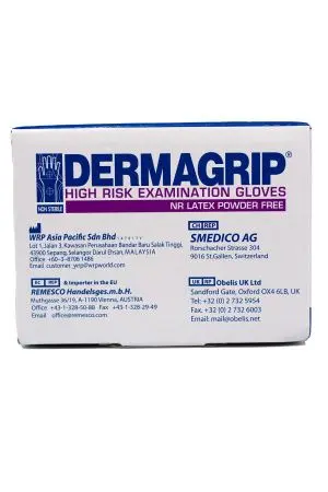 Перчатки: латексные Dermagrip High Risk М неопудренные нестерильные синие /пач.=50 шт.