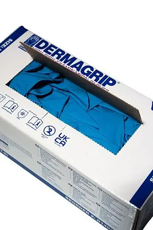 Фото №25 - Перчатки: латексные Dermagrip High Risk М неопудренные нестерильные синие /пач.=50 шт.