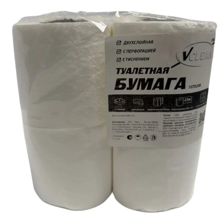 Бумага туалетная: 2сл 22м целлюлоза цвет белый Виклин /пач.=4 шт.