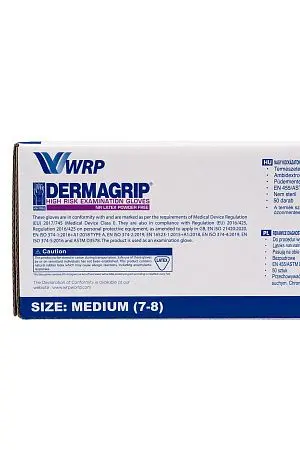 Фото №12 - Перчатки: латексные Dermagrip High Risk М неопудренные нестерильные синие /пач.=50 шт.