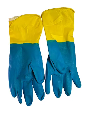Фото №11 - Перчатки: резиновые латексные BiColor L с хлопковым напылением сине-желтые