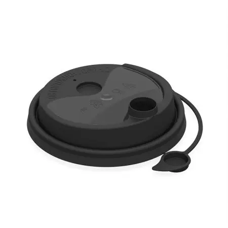 Фото №1 - Одноразовая продукция: Крышка к стакану бумажному d=80мм с питейником (заглушка) ПП черная /пач.=50 шт.