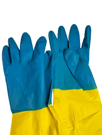 Фото №13 - Перчатки: резиновые латексные BiColor L с хлопковым напылением сине-желтые