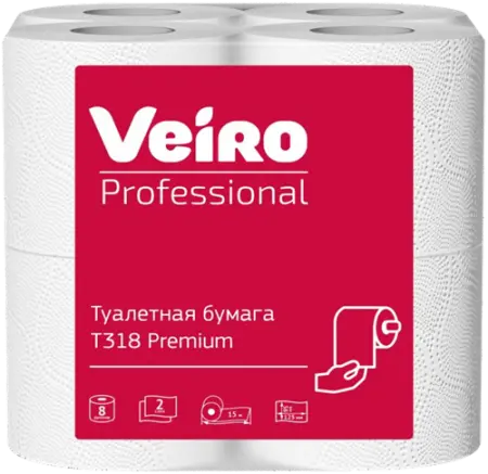 Бумага туалетная: 2сл 15м целлюлоза цвет белый ВЕЙРО Professional Premium /пач.=8 шт.