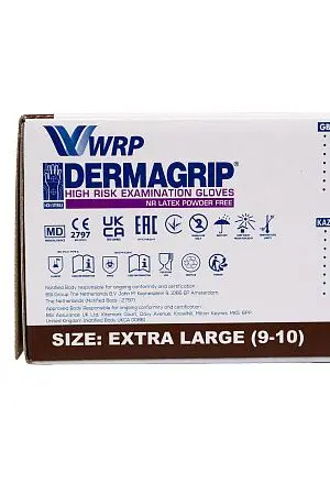 Фото №8 - Перчатки: латексные Dermagrip High Risk XL неопудренные нестерильные синие /пач.=50 шт.