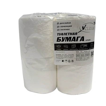 Фото №5 - Бумага туалетная: 2сл 22м целлюлоза цвет белый Vclean /пач.=4 шт.