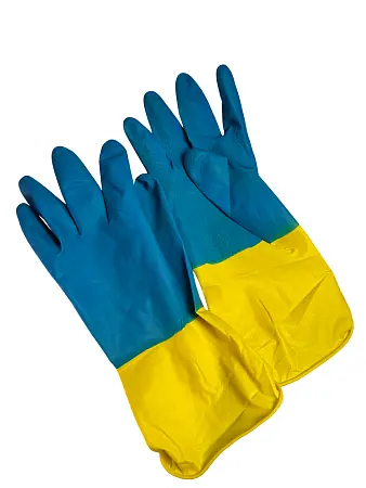 Фото №14 - Перчатки: резиновые латексные BiColor L с хлопковым напылением сине-желтые