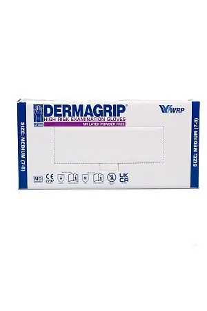 Фото №18 - Перчатки: латексные Dermagrip High Risk М неопудренные нестерильные синие /пач.=50 шт.