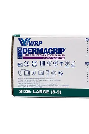 Фото №11 - Перчатки: латексные Dermagrip High Risk L неопудренные нестерильные синие /пач.=50 шт.
