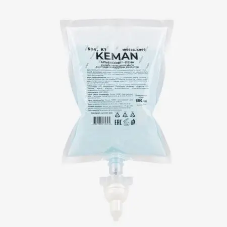 Фото №1 - Кеман: Мыло жидкое АЛЬБАСОФТ-пена 800 мл с антибакт.эффектом в картридже бесцветное без отдушки К1,S34