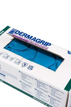 Фото №17 - Перчатки: латексные Dermagrip High Risk L неопудренные нестерильные синие /пач.=50 шт.