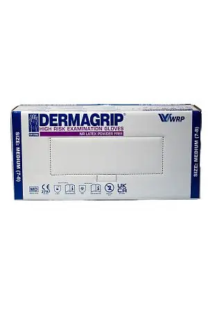 Фото №19 - Перчатки: латексные Dermagrip High Risk М неопудренные нестерильные синие /пач.=50 шт.