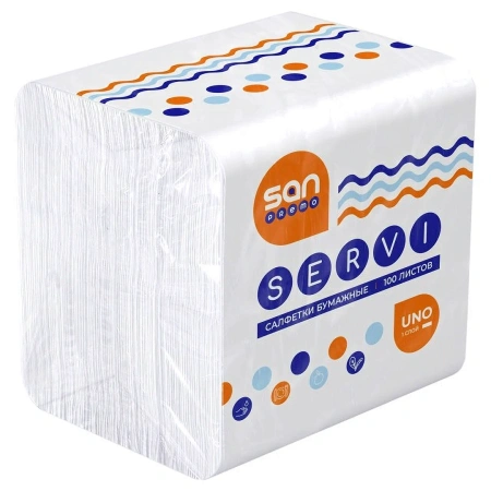 Фото №1 - Бумажные салфетки: столовые 1сл 100листов 24х24 Санпремо Серви белые