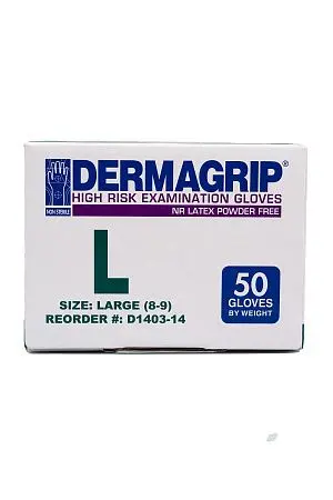 Фото №13 - Перчатки: латексные Dermagrip High Risk L неопудренные нестерильные синие /пач.=50 шт.