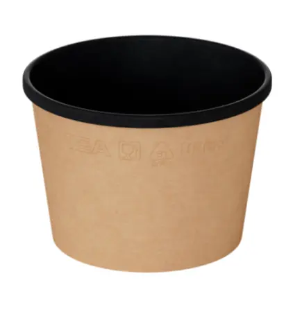 Фото №1 - Одноразовая продукция: Контейнер бумажный (супник) 380мл77/102х72мм OneBowl UltraProof круг.без кр.крафт/черн /пач.=25 шт.