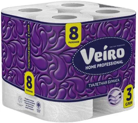 Фото №1 - Бумага туалетная: 3сл 15м целлюлоза цвет белый ВЕЙРО Home Professional /пач.=8 шт.