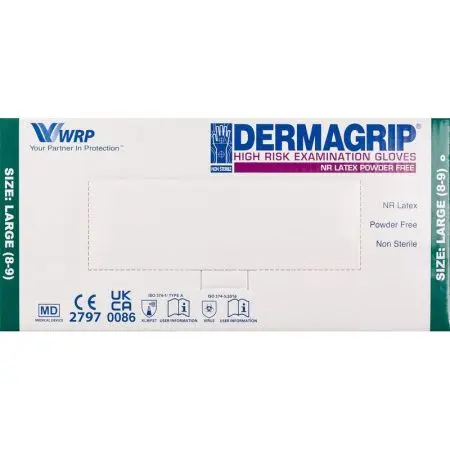 Перчатки: латексные Dermagrip High Risk L неопудренные нестерильные синие /пач.=50 шт.