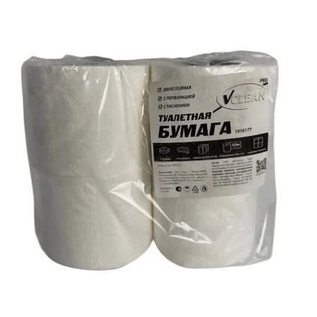 Бумага туалетная: 2сл 50м целлюлоза цвет белый Vclean /пач.=4 шт.