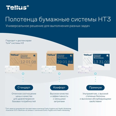 ТОРК: Tellus Полотенца бумажные H3 Синглфолд Премиум 2сл 200л 23х23см белые