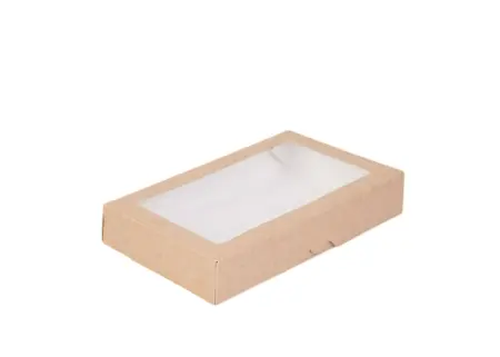 Одноразовая продукция: Контейнер бумажный 1000мл 195х120х40мм прям. с окном OSQ TABOX PRO 1000 крафт/белый /пач.=225 шт.