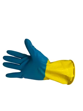 Фото №1 - Перчатки: резиновые латексные BiColor L с хлопковым напылением сине-желтые