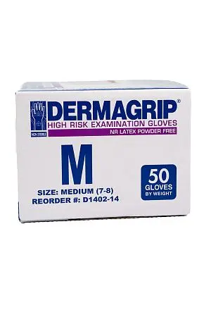 Фото №7 - Перчатки: латексные Dermagrip High Risk М неопудренные нестерильные синие /пач.=50 шт.