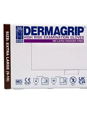 Фото №5 - Перчатки: латексные Dermagrip High Risk XL неопудренные нестерильные синие /пач.=50 шт.
