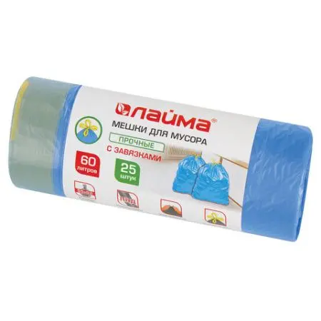 Фото №1 - Мешки для мусора: * 60л 55х62 ПНД 10мкм с завязками ЛАЙМА синие /рул.=25 шт.