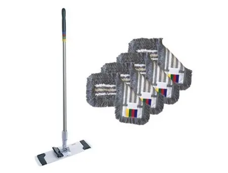 Фото №1 - Vileda: Промонабор №6 Год с КомбиСпид Про держатель мопов 40 см, ручка алюминиевая 150 см, 4 мопа Трио 40 см серо-голубой