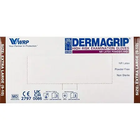 Фото №2 - Перчатки: латексные Dermagrip High Risk XL неопудренные нестерильные синие /пач.=50 шт.