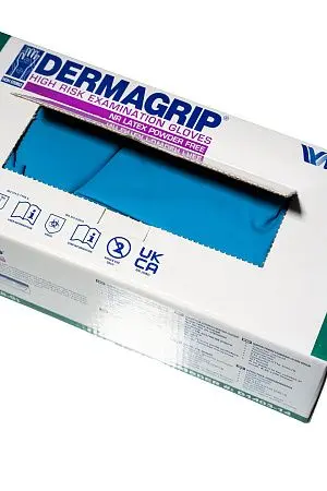 Фото №31 - Перчатки: латексные Dermagrip High Risk L неопудренные нестерильные синие /пач.=50 шт.