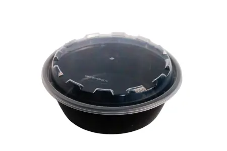 Фото №1 - Одноразовая продукция: Контейнер пластиковый круглый 530мл d152 черный с крышкой /пач.=150 шт.