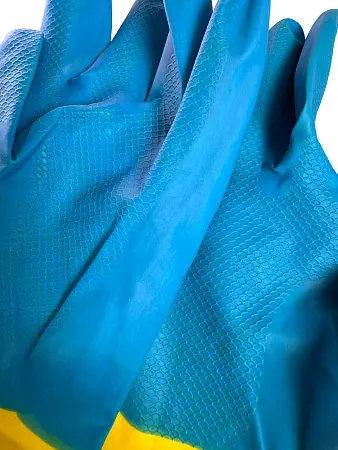 Фото №15 - Перчатки: резиновые латексные BiColor L с хлопковым напылением сине-желтые
