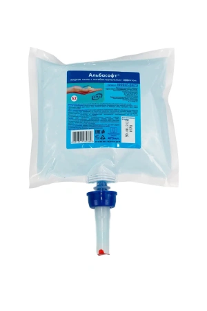 Фото №1 - Кеман: Мыло жидкое 475мл АЛЬБАСОФТ с антибакт.эффектом в картридже бирюзовое S2